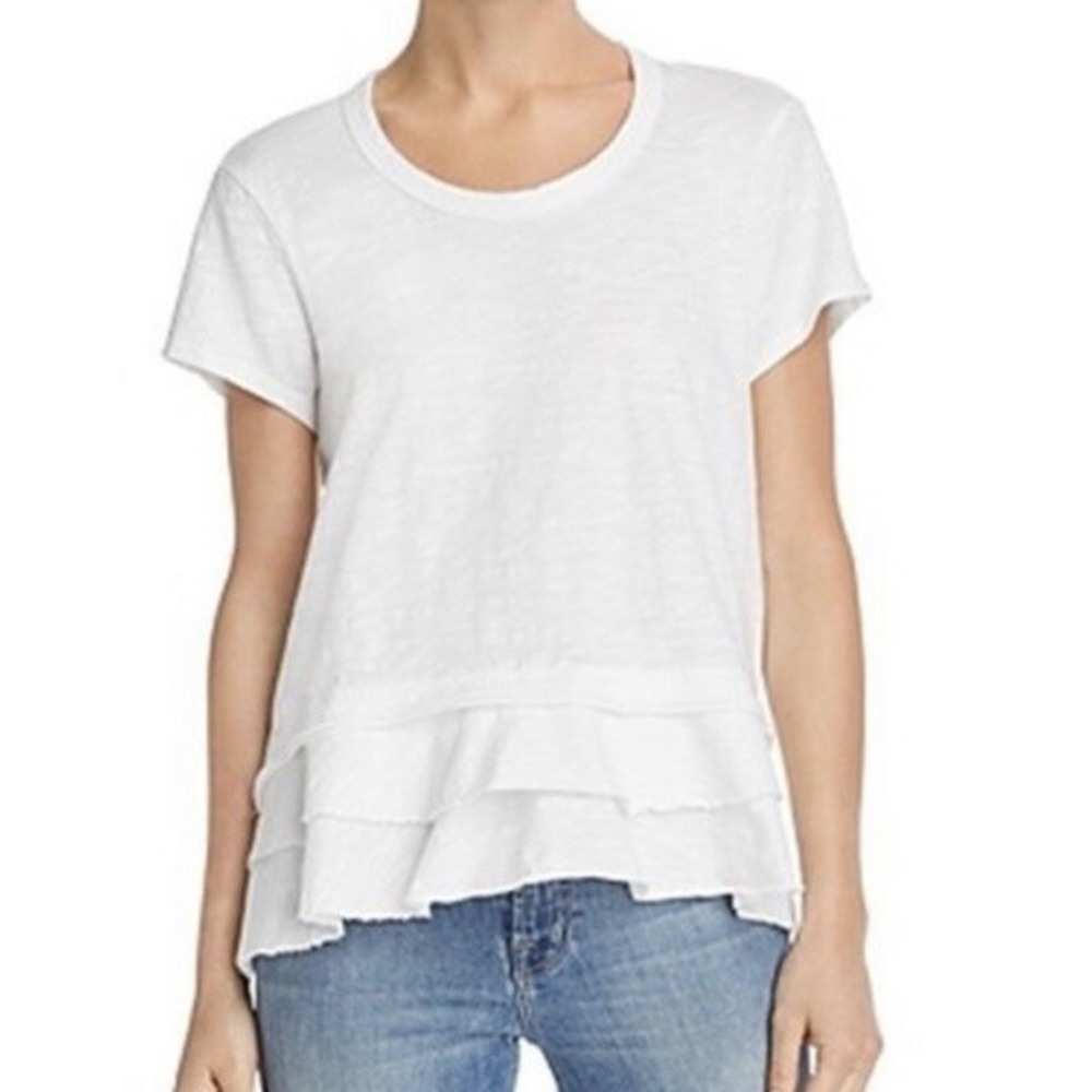 Wilt Short Sleeve Tiered Raw Hem Tee Women's L White Heather Crewneck Boho